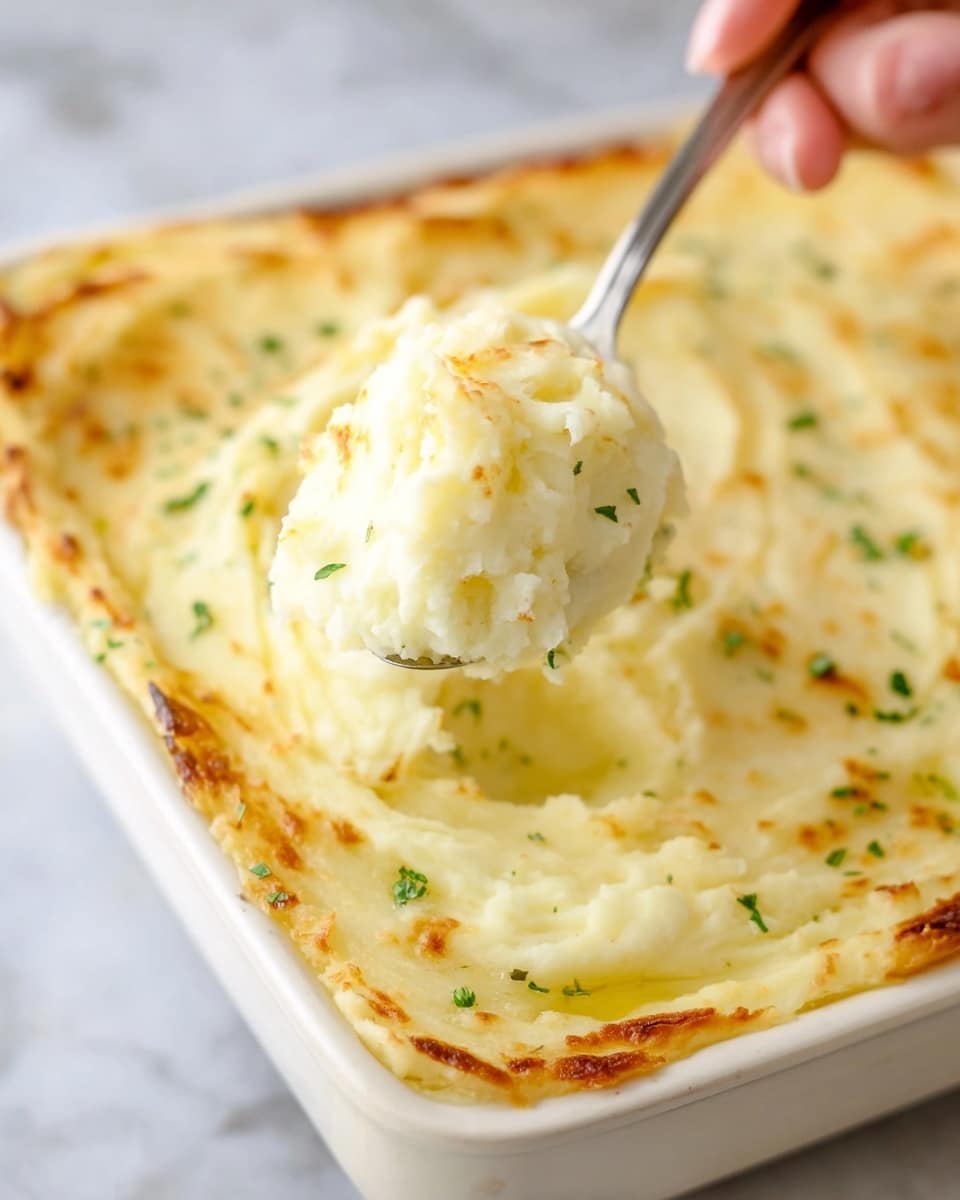 A close-up of a white rectangular dish filled with creamy mashed potatoes that have a slightly browned top layer with small golden spots and bits of green herbs scattered lightly across the surface. The mashed potatoes appear soft and fluffy with a smooth, slightly textured look. A spoon held by a woman's hand is lifting a scoop of the mashed potatoes from the dish, showing the thick, dense, and creamy inside. The dish is placed on a white marbled surface. Photo taken with an iphone --ar 4:5 --v 7