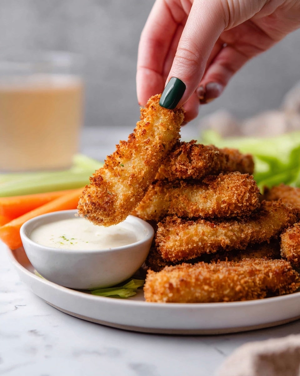 A close-up image of a white plate on a white marbled surface holding multiple golden brown breaded fried sticks arranged in a small pile. At the front of the plate, a small white bowl filled with creamy white dipping sauce is placed. Behind the fried sticks are a few sticks of green celery and orange carrot, partially visible. A woman's hand with painted dark green nails is holding one of the fried sticks above the plate. In the blurred background, a light tan beverage in a glass is visible. Photo taken with an iphone --ar 4:5 --v 7