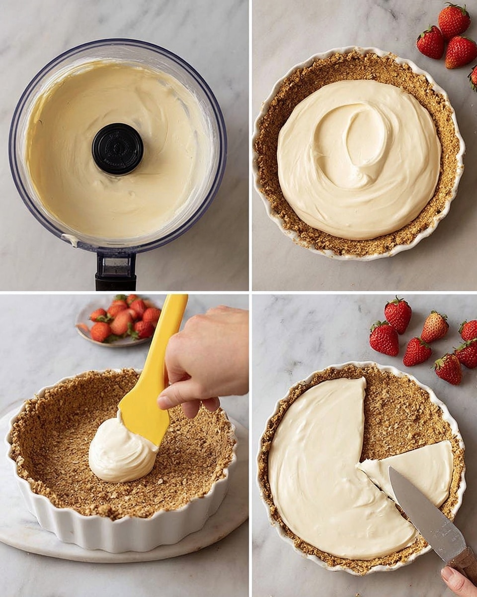 The images show a process of making a pie with four steps. The first step shows a food processor bowl with a creamy white batter inside, smooth and thick. The second step shows a white pie dish filled with a crumbly, golden-brown crust that has darker bits and looks like it is made from oats, with a big dollop of the creamy white batter placed in the center. The third step shows a woman’s hand using a yellow spatula to spread the creamy batter evenly over the crust, creating a smooth, light cream layer inside the pie dish. The last step shows the pie fully spread and smooth on top, with a woman’s hand using a knife to cut a perfect triangular slice from the creamy top layer, while whole strawberries are placed on the white marbled surface nearby. Photo taken with an iphone --ar 4:5 --v 7