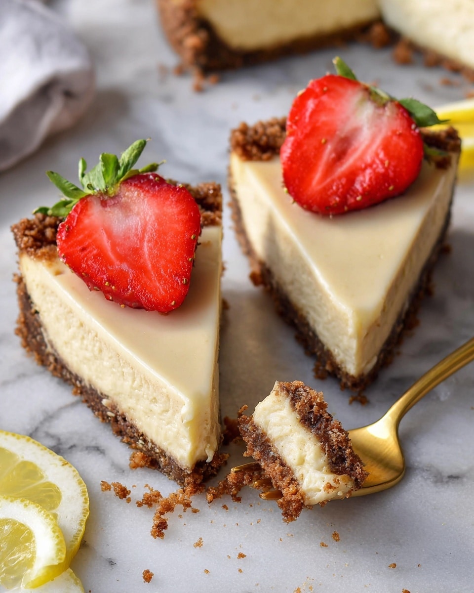 Two slices of creamy light beige cheesecake with a crumbly dark brown crust are placed on a white marbled surface, each topped with a bright red strawberry, one whole and one cut in half showing the inner seeds and red flesh. A small bite-sized piece of the cheesecake sits on a golden fork in the front, showing the smooth texture of the cheesecake and the coarse texture of the crust. There are some scattered crumbs around the slices and a partial view of lemon slices on the bottom left. photo taken with an iphone --ar 4:5 --v 7