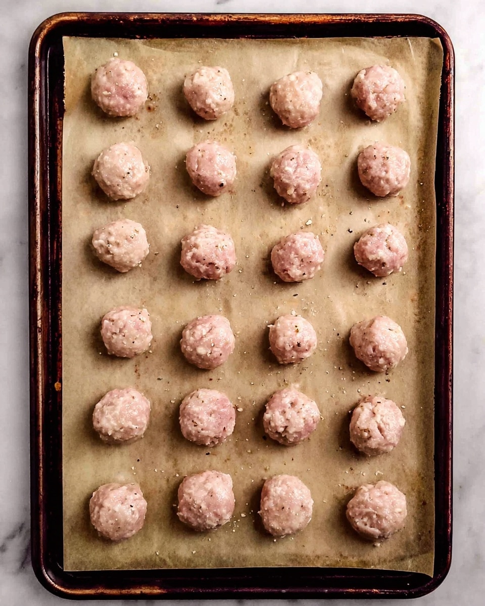 A baking tray filled with 20 raw meatballs arranged in 4 rows and 5 columns, each meatball round and pale pink with small bits of seasoning visible. The tray is lined with brown parchment paper that has some wrinkles and slight grease marks. The edges of the dark metal tray show signs of use with small scratches. The background is a white marbled surface. photo taken with an iphone --ar 4:5 --v 7