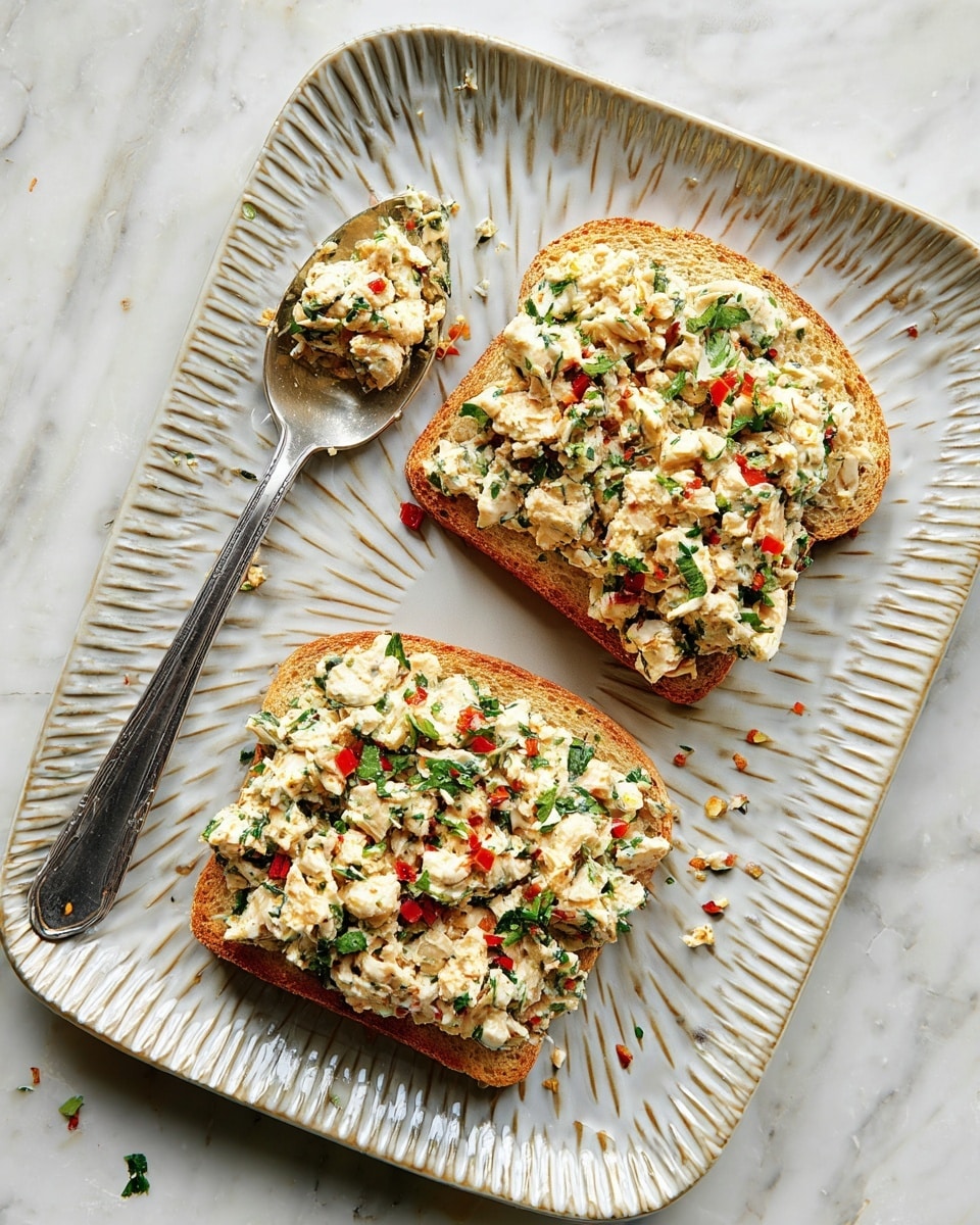 Two open-faced sandwiches sit on a white plate with a raised starburst pattern, placed on a white marbled surface. Each sandwich has one thick layer of a creamy mix made up of small white chunks that look like chicken, finely chopped green herbs, and red pepper pieces. The filling is piled generously on two slices of toasted light brown bread, covering almost the entire surface of the bread. A silver spoon rests on the left side of the plate, holding some of the same creamy mixture with bits spilling slightly around it. A few small bits of the filling are scattered around the plate, adding a casual touch. photo taken with an iphone --ar 4:5 --v 7