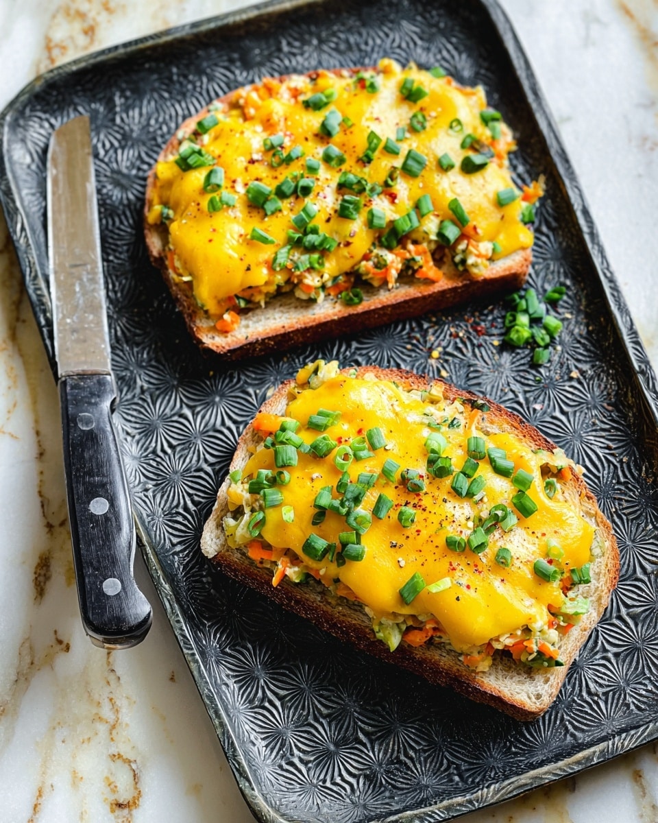 Two open-faced sandwiches sit on a detailed black textured tray with a knife beside them, all placed on a white marbled surface. Each sandwich has three visible layers: the base is light brown toasted bread, the middle layer is a mix of finely chopped orange, green, and white vegetables or herbs, and the top layer is melted golden-yellow cheese sprinkled with chopped green onions, adding a pop of fresh green color. The cheese looks warm and soft with bits of pepper lightly dotted across the surface. Photo taken with an iphone --ar 4:5 --v 7