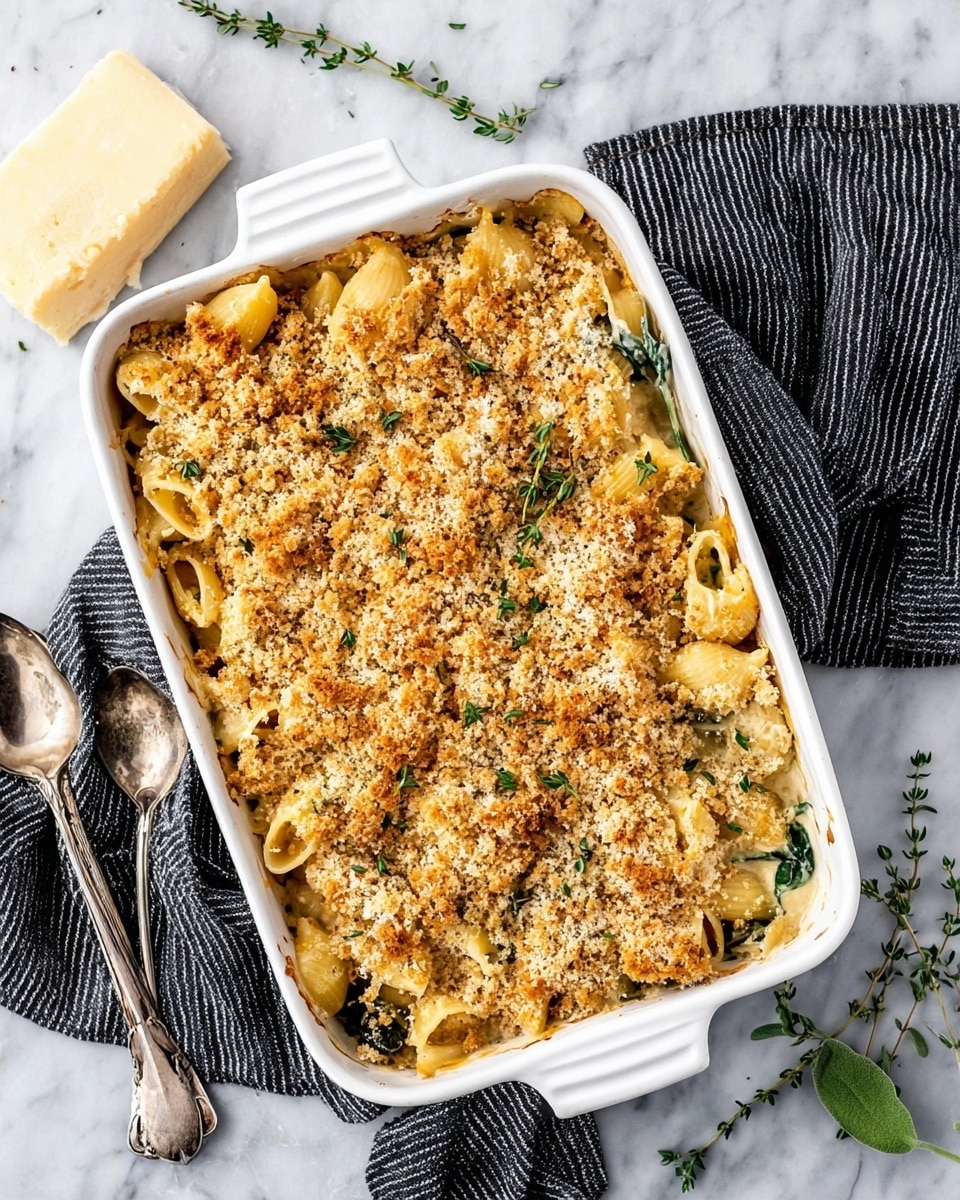The image shows a white baking dish filled with a baked pasta casserole topped with a thick layer of golden brown, crispy breadcrumbs sprinkled with small green thyme leaves. Underneath the crumbly top layer, there are visible pieces of shell pasta mixed with green leafy vegetables and a creamy sauce. The casserole sits on a white marbled surface, partially covered by a black and white striped cloth. Next to the dish, there is a silver spoon and fork alongside fresh thyme sprigs and a block of light yellow cheese photo taken with an iphone --ar 4:5 --v 7