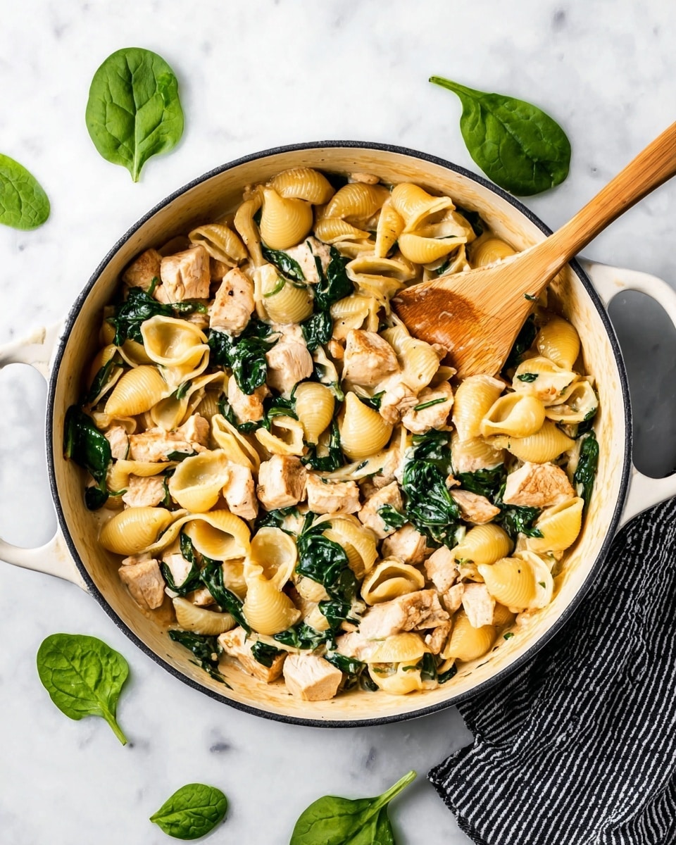 The image shows a white cooking pot filled with cooked shell pasta mixed with pieces of light brown cooked chicken and bright green spinach leaves. The pasta shells are a soft yellow color, the chicken pieces are chunky and pale with a slight golden sear, and the spinach is wilted but still vibrant. A wooden spoon with a smooth handle is resting inside the pot, partially submerged in the creamy sauce that binds the ingredients together. Around the pot, there are a few fresh spinach leaves placed on a white marbled surface, with a black and white striped cloth nearby. The scene is bright and clear, with natural lighting highlighting the textures of the food photo taken with an iphone --ar 4:5 --v 7