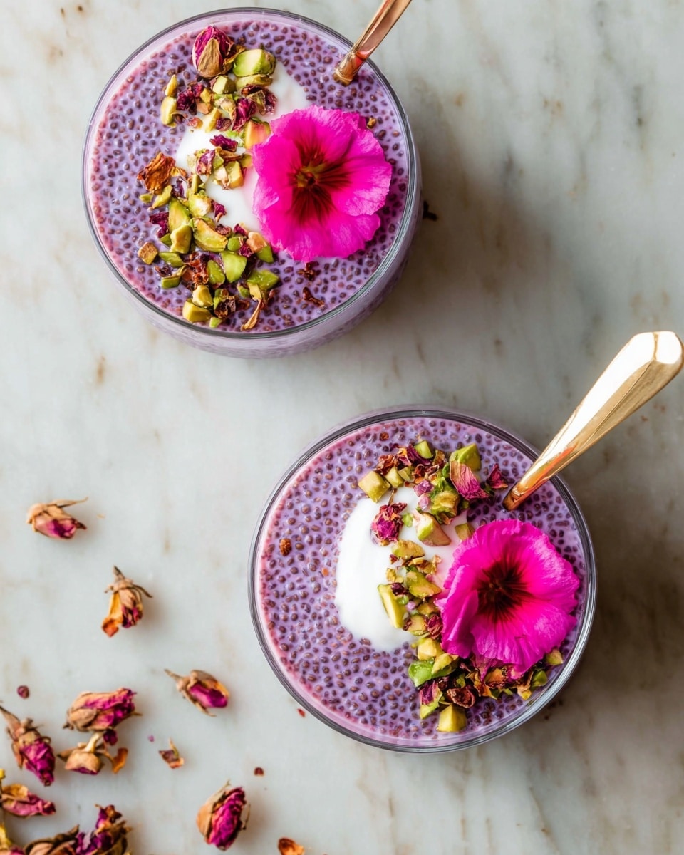 Two clear glass bowls filled with a purple chia pudding that has a smooth, slightly bumpy texture from the chia seeds. Each bowl has a small dollop of white cream in the center on top of the pudding. Scattered around the cream are green chopped pistachios and dried rose petals in shades of red and brown. One bowl has two bright pink flowers placed on top near the cream, while the other bowl has one bright pink flower. A golden spoon is resting inside the top bowl, positioned diagonally. The bowls sit on a white marbled surface with scattered dried rose petals nearby. photo taken with an iphone --ar 4:5 --v 7