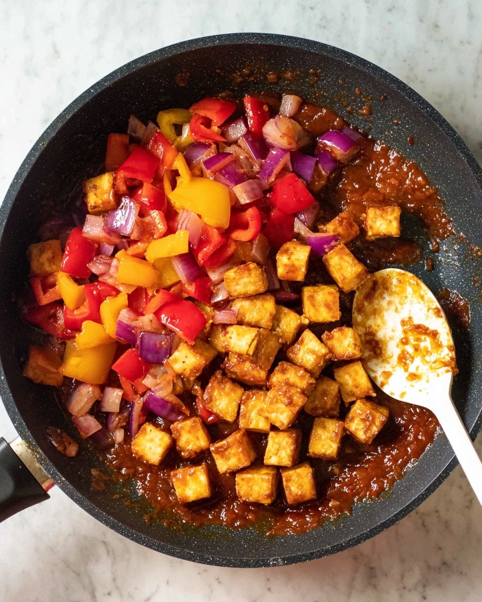 The image shows a black frying pan filled with a cooked mixture. At the bottom, there is a layer of thick reddish-brown sauce with visible tomato pieces. On top of the sauce, there are bright, colorful chunks of red, yellow, and purple bell peppers mixed with small diced onions. On the top layer, golden brown, crispy tofu cubes are scattered. A white spoon with some sauce on it rests inside the pan on the right side. The pan is set on a white marbled surface. photo taken with an iphone --ar 4:5 --v 7