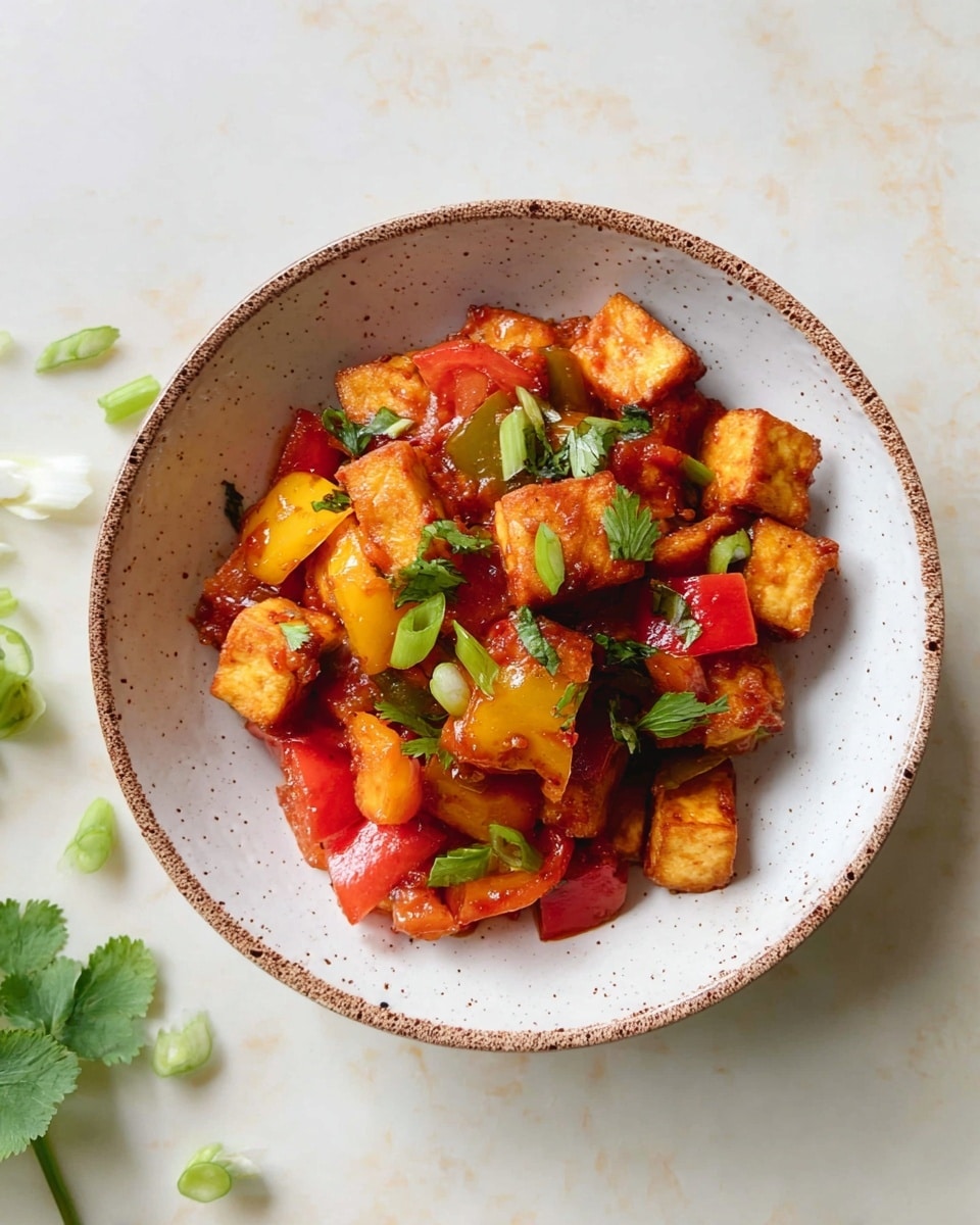 A bowl filled with small, evenly cubed pieces of golden brown tofu that have a slightly crispy texture, mixed with bright red and yellow bell pepper chunks, all coated in a glossy reddish sauce. The tofu and peppers are evenly mixed and topped with fresh green cilantro leaves and bright green slices of scallions. The bowl is white with a speckled brown rim and sits on a white marbled surface, with a few pieces of scallion and cilantro scattered around for a natural look. photo taken with an iphone --ar 4:5 --v 7