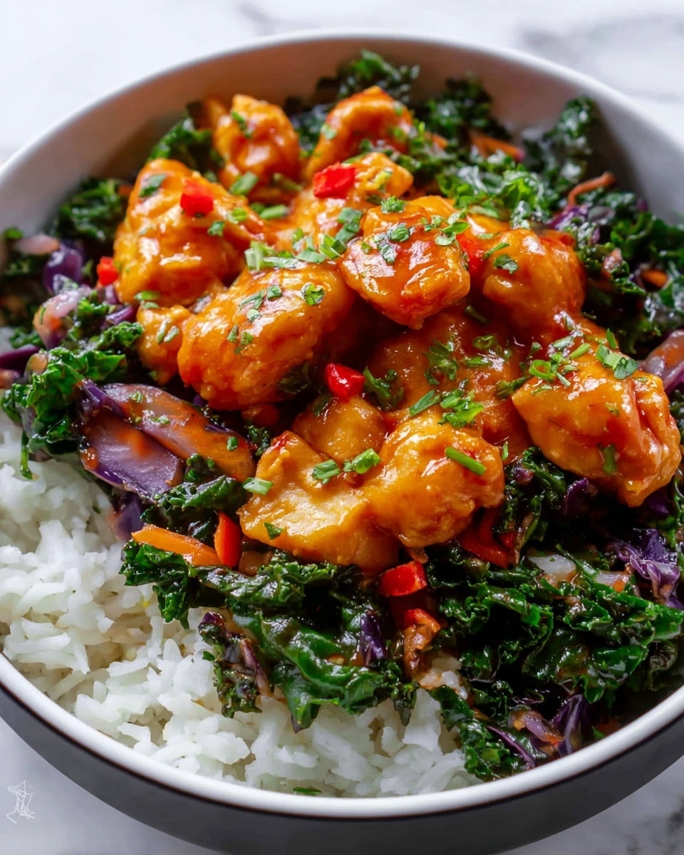 This image shows a bowl with three layers. The bottom layer is white rice with a soft, slightly sticky texture. On top of the rice is a mix of cooked vegetables, mostly dark green leafy greens with some pieces of purple cabbage and small bits of carrot, all with a soft and slightly shiny texture. The top layer consists of bite-sized pieces of cooked chicken in a glossy orange sauce, garnished with small green herb pieces and bits of red chili. The bowl is white, placed on a white marbled surface. Photo taken with an iphone --ar 4:5 --v 7