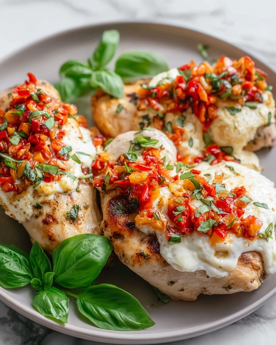 The image shows three pieces of cooked chicken placed closely on a round white plate. Each chicken piece has a base layer of light brown cooked skin with a slightly crispy texture. On top, there is a thick layer of white creamy cheese, soft and smooth in texture. Covering the cheese is a colorful, chunky mix of finely chopped red and orange peppers with some green herbs mixed in, adding a bright, vibrant look. Fresh green basil leaves are scattered partly on top of the chicken and around the plate. The plate sits on a white marbled surface. photo taken with an iphone --ar 4:5 --v 7