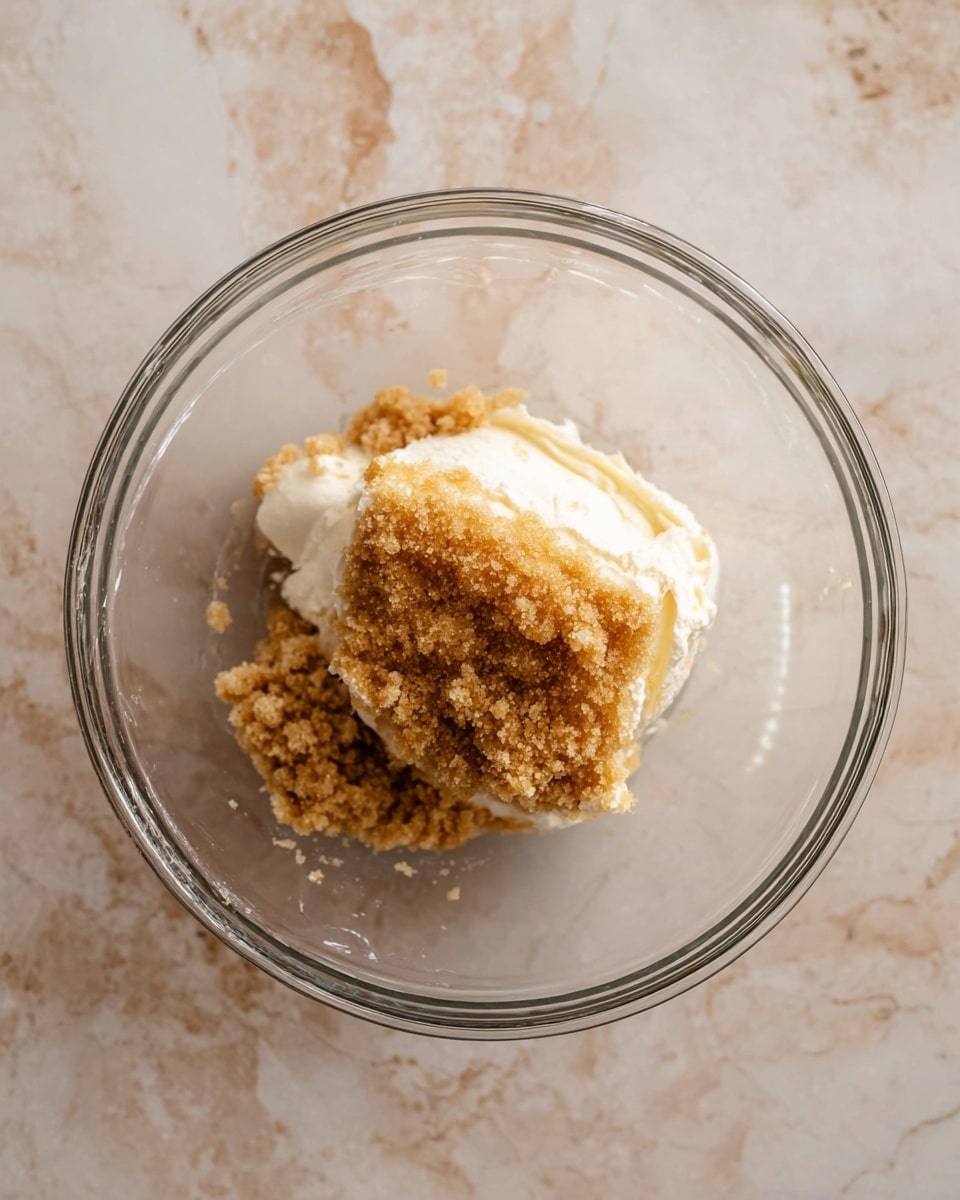 A clear glass bowl sits on a white marbled surface, containing a few layers of ingredients. The bottom layer is light brown sugar with a crumbly texture forming a small mound. On top of this, there is a thick dollop of white cream cheese, smooth and firm. Over the cream cheese, there is a layer of golden brown brown sugar, slightly sticky and uneven, giving a rough texture to the top. The photo is taken from above, showing the clear sides of the bowl and the soft shadows inside. photo taken with an iphone --ar 4:5 --v 7
