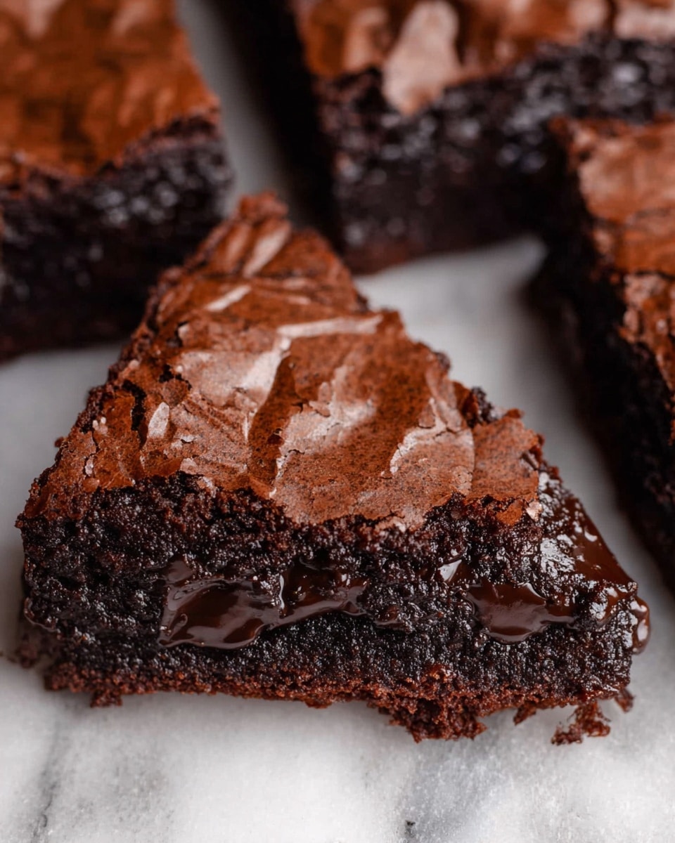 The image shows a close-up of a triangle-shaped dark brown brownie with a shiny cracked top layer. The middle layer is thick with melted chocolate, showing a smooth and glossy texture that looks soft and rich. The bottom layer appears dense and fudgy with a slightly crumbly texture near the edges. The brownies are placed on a white marbled surface. photo taken with an iphone --ar 4:5 --v 7