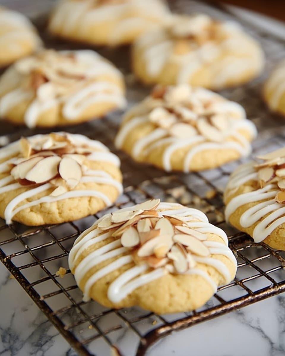 The image shows multiple round, light golden cookies placed on a wire cooling rack over a white marbled surface. Each cookie has three thick white icing stripes drizzled across the top, and a small pile of sliced light brown almonds scattered on top of the icing. The cookies have a soft texture, with edges that are smooth but slightly raised. The wire rack grid is thin, and the background is softly blurred to keep the focus on the cookies. photo taken with an iphone --ar 4:5 --v 7