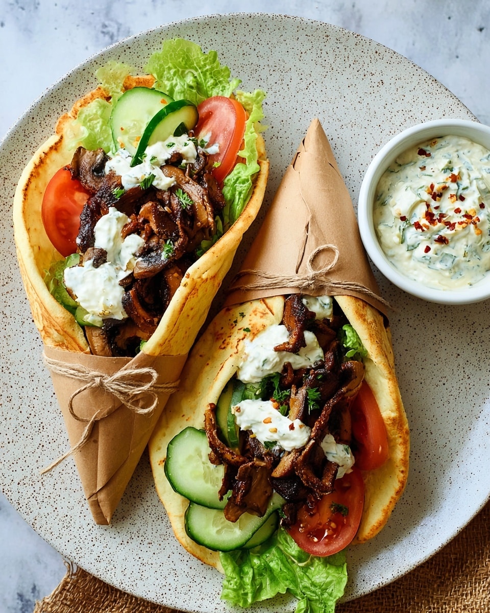 Two wraps sit side by side on a white plate with a speckled pattern, placed on a white marbled surface. Each wrap has three visible layers: a pale golden flatbread folded into a cone shape and tied with brown paper and twine on the right side, a middle layer of fresh green lettuce leaves topped with slices of bright red tomato and light green cucumber, and a top layer of dark brown sautéed mushrooms with white dollops of creamy sauce sprinkled with small green herbs and red pepper flakes. To the upper right of the plate is a small white bowl filled with more creamy sauce that has green herbs and red flakes mixed in. Photo taken with an iphone --ar 4:5 --v 7
