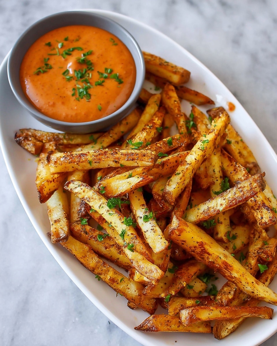 The image shows a white oval plate filled with golden-brown fries that have a crispy, slightly speckled texture from seasoning, sprinkled with small green parsley leaves scattered on top. At the front of the plate, there is a small grey bowl holding a smooth, thick orange sauce with a few parsley pieces on its surface. The plate sits on a white marbled surface. The fries are stacked casually, creating a warm and inviting look. photo taken with an iphone --ar 4:5 --v 7