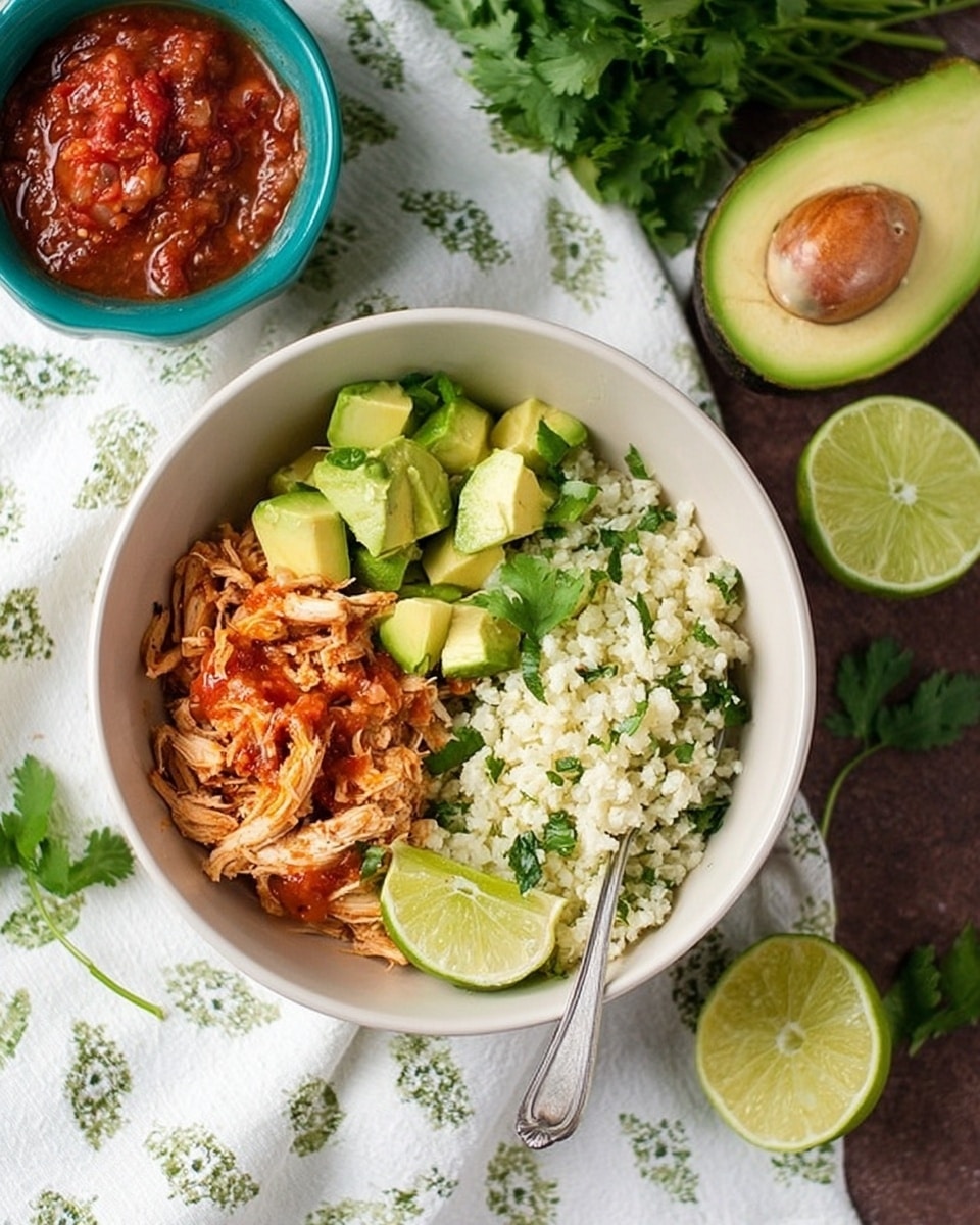 A white bowl with three main layers inside: shredded cooked chicken with a reddish sauce on the left side, bright green avocado cubes placed in the middle, and a light, crumbly cauliflower rice mixed with green herbs on the right side, with a lime wedge on top of the cauliflower rice. The bowl is placed on a white marbled surface with a white cloth with green leaves and flowers pattern nearby. Around the bowl are a halved avocado showing the seed, a squeezed lime half, fresh cilantro sprigs, and a turquoise bowl with chunky red salsa. A silver spoon rests inside the bowl. Photo taken with an iphone --ar 4:5 --v 7