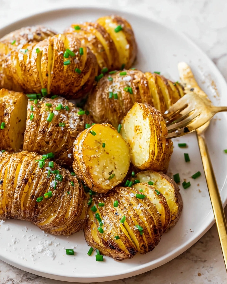 The image shows a white plate with several sliced roasted potatoes arranged closely together. Each potato is sliced thinly in many layers, with a golden-brown, crispy skin on the outside and a soft yellow interior. The potatoes are sprinkled with coarse salt and small green pieces of chopped chives. A golden fork is holding up one sliced piece from the potato in the front. The plate is placed on a white marbled surface. photo taken with an iphone --ar 4:5 --v 7