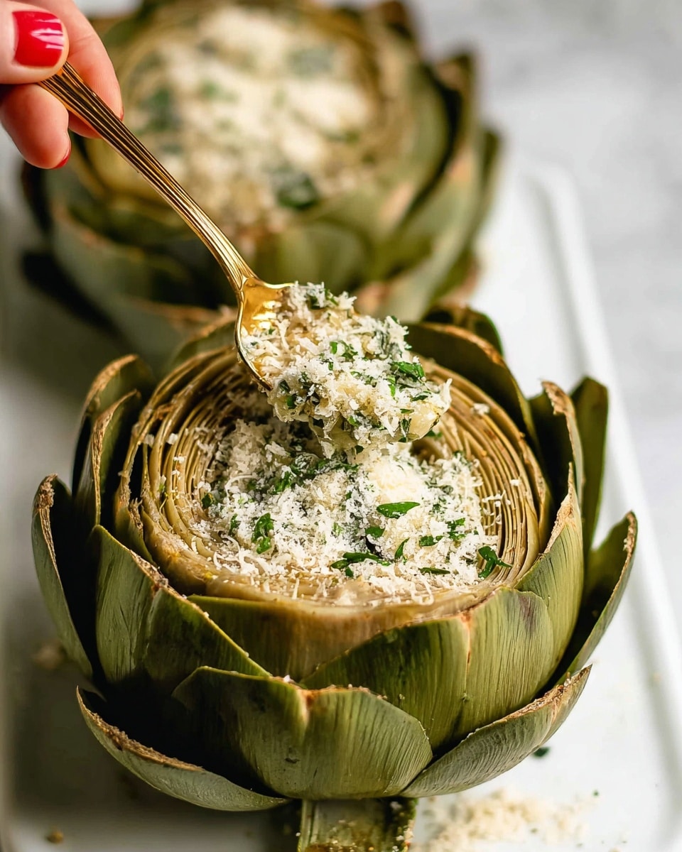 Two large artichokes sit side by side on a white marbled surface, each fully opened to reveal many layered green petals with a soft texture. The center of the front artichoke is generously topped with a mix of finely grated pale beige cheese and small green herb pieces, giving a grainy and fresh look. A woman's hand holds a gold spoon scooping some of the cheese and herbs from the center, adding a slightly shiny effect to the dish. The image is tightly focused on the front artichoke, showing fine details of the cheese, herbs, and petals with a soft blurred background. photo taken with an iphone --ar 4:5 --v 7