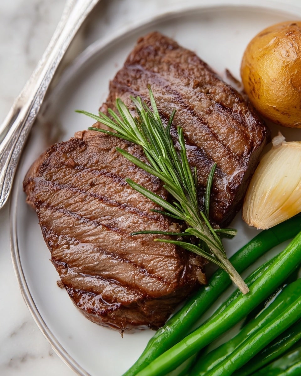 Two flat, brown grilled beef slices with visible texture lines lie side by side in the center of a white plate. A small green rosemary sprig rests on top of the beef, adding a fresh contrast. To the right of the beef, there is a round brown potato and a smaller pale piece that looks like a garlic clove. At the bottom of the plate, several vibrant green beans are neatly lined up. A silver fork is partially visible on the left side of the plate. The whole scene is set on a white marbled surface. photo taken with an iphone --ar 4:5 --v 7