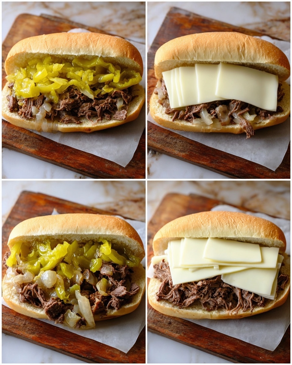 A sandwich on a white soft hoagie bun is shown in four steps. The first layer features shredded brown beef mixed with cooked green peppers and onions, sitting at the bottom half of the bun. The second layer adds bright yellow-green slices of pickled banana peppers spread over the beef and veggies. The third layer places three thin, smooth white slices of cheese neatly over the peppers. In the final image, the top half of the bun covers the melted cheese, which drapes softly over the filling, with small pieces of beef and peppers spilling out slightly. The sandwich rests on a wooden board with a white marbled surface underneath. Photo taken with an iphone --ar 4:5 --v 7