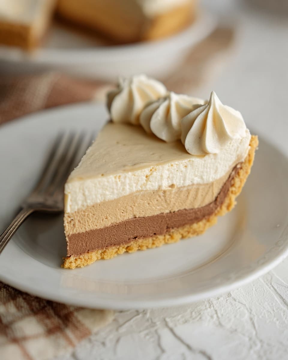 A slice of pie with three visible layers sits on a white plate against a white marbled texture background. The bottom layer is a thin, golden crust. Above that is a thick, creamy beige layer with a smooth texture. The top layer is a dense, slightly darker brown layer with a smooth surface. On the top edge, there are three swirled dollops of light cream that are piped with a soft texture. A silver fork lies on the plate next to the pie slice, and a woman's hand is slightly visible holding the fork. The photo taken with an iphone --ar 4:5 --v 7