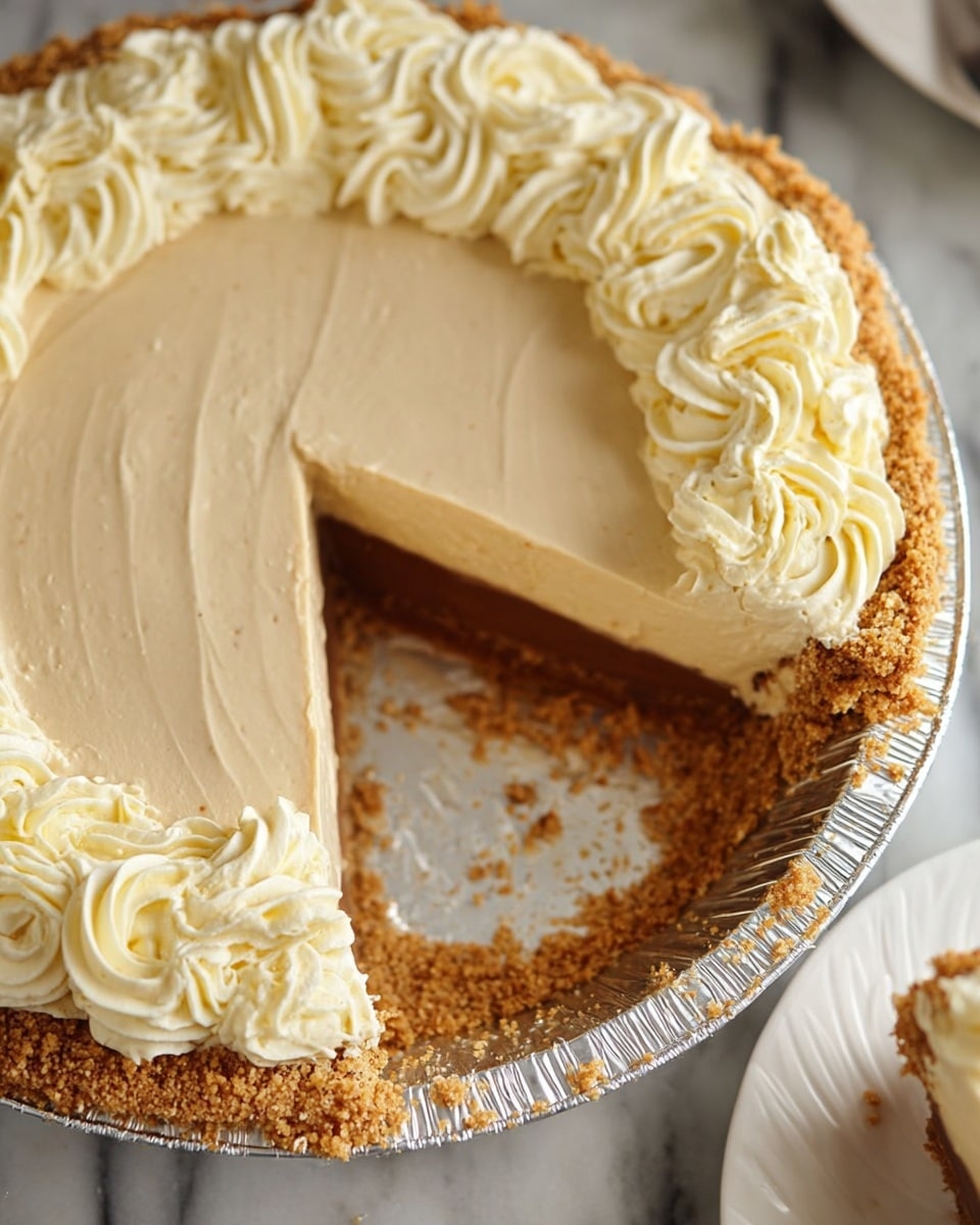 A close-up view of a pie with one slice removed, showing a creamy light brown filling with smooth texture inside a crumbly golden crust. The pie has three main layers: a thick crumb crust on the bottom and sides, a light brown creamy filling spread evenly in the middle, and a thick border of pale cream-colored swirled whipped topping around the edge. The pie is in a shiny silver foil pan with crumbs sticking to the edge. The pie and plate are on a white marbled surface with part of a white plate holding the removed slice visible in the lower right corner. Photo taken with an iphone --ar 4:5 --v 7