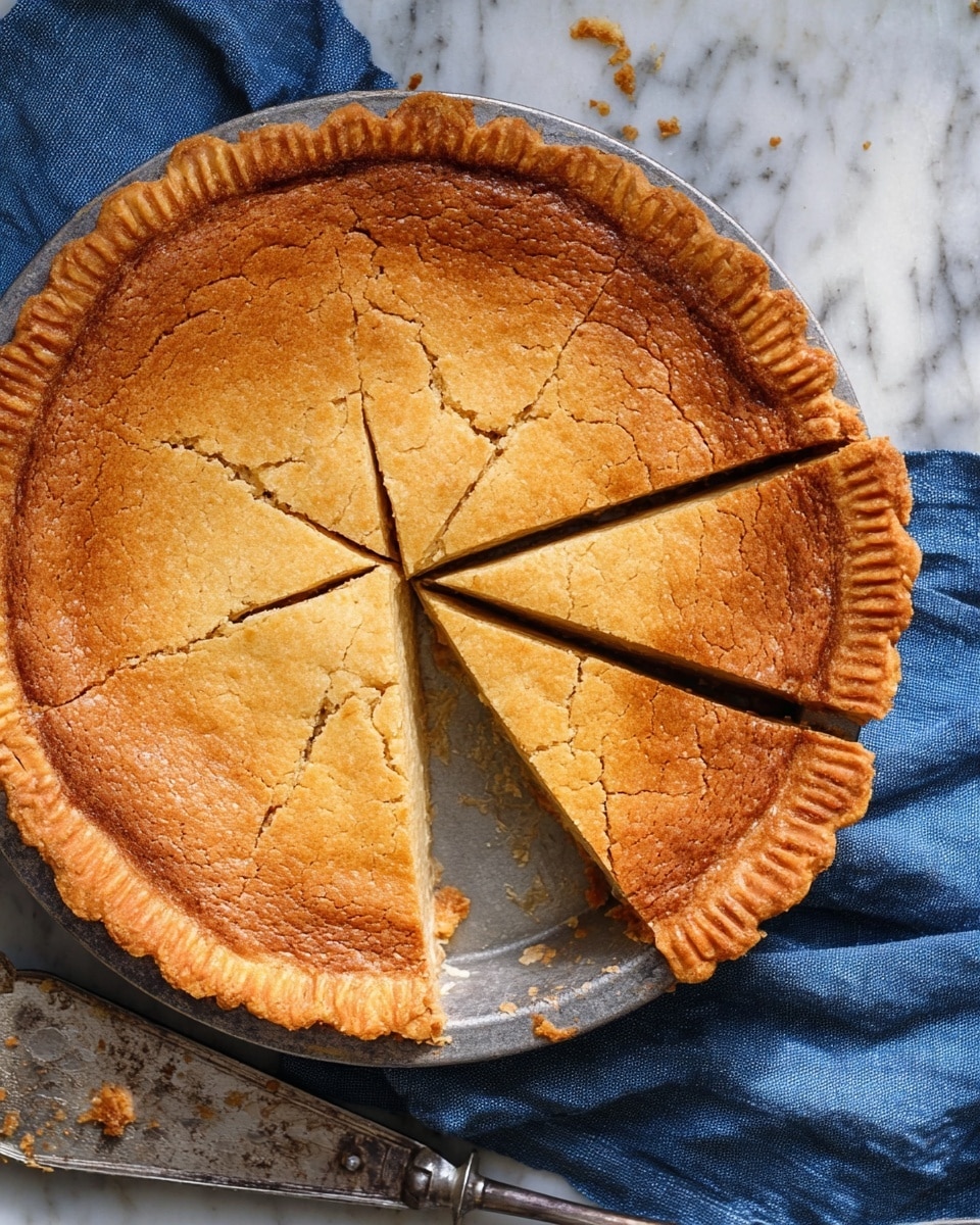 The image shows a round pie with a cracked, golden-brown top crust, divided into six slices, with one slice slightly pulled out, revealing a thin, soft inner layer beneath the crust. The edges of the pie crust are lightly browned with a textured, ridged pattern. The pie sits in a round silver metal pan placed on a white marbled surface. A blue cloth is visible near the pie, and a metal pie server is partially visible at the bottom left corner. Photo taken with an iphone --ar 4:5 --v 7