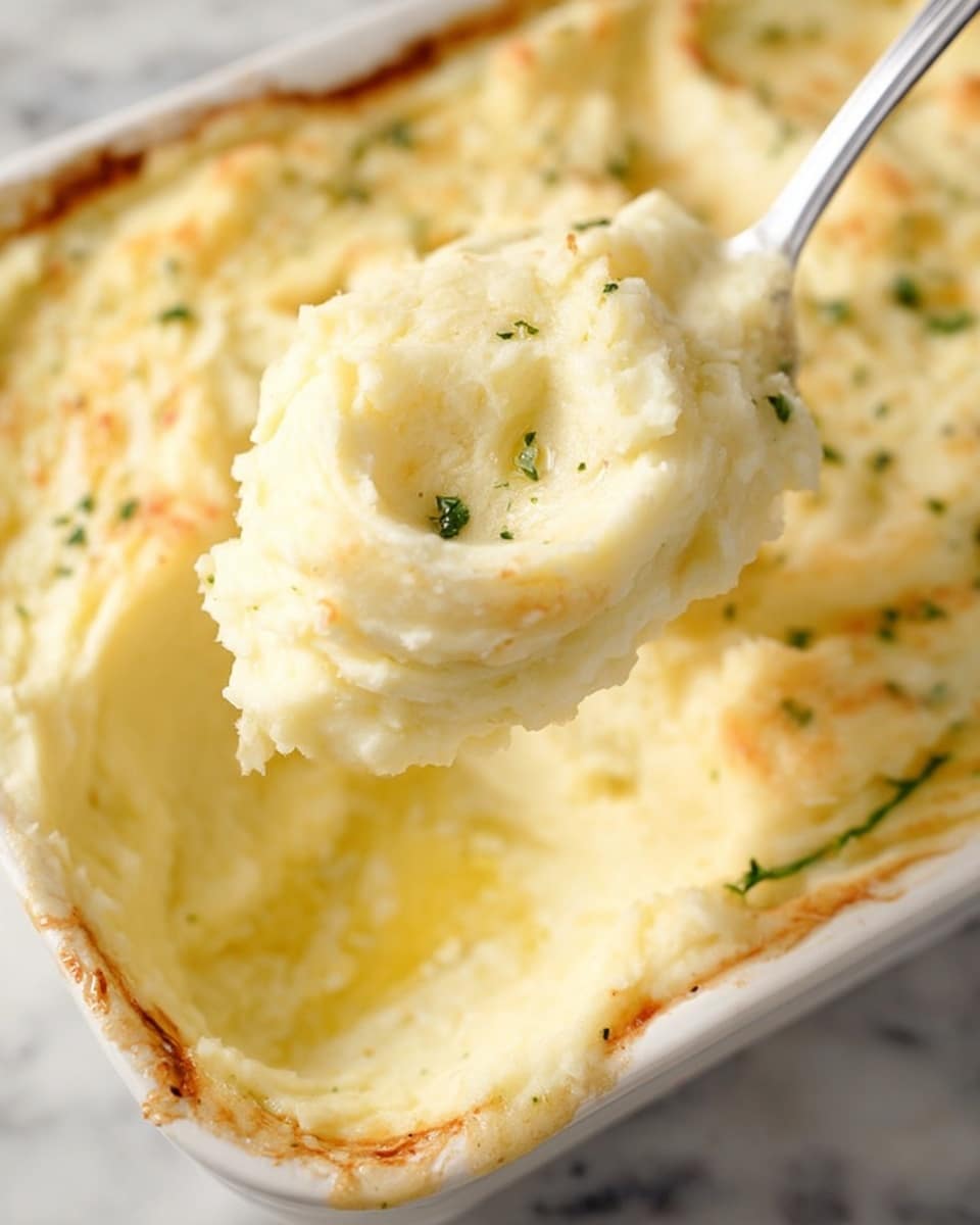 A white spoon lifts a creamy scoop of mashed potatoes from a white dish with slightly browned edges. The mashed potatoes are smooth and soft with a little stretch, showing a rich, velvety texture. Small bits of green herbs are sprinkled on the surface, adding contrast to the pale yellow color of the potatoes. The mashed potatoes fill the dish, forming soft peaks and slightly browned spots on top from baking. The dish sits on a white marbled surface. Photo taken with an iphone --ar 4:5 --v 7
