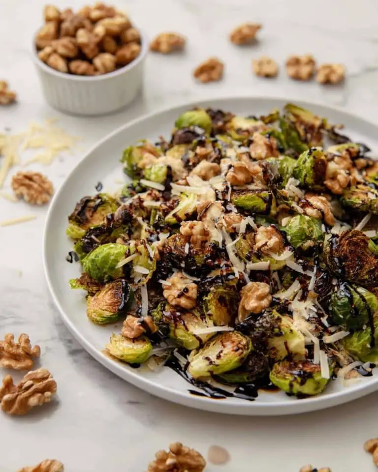 Air Fryer Brussels Sprouts with Balsamic Glaze, Parmesan, and Walnuts Recipe