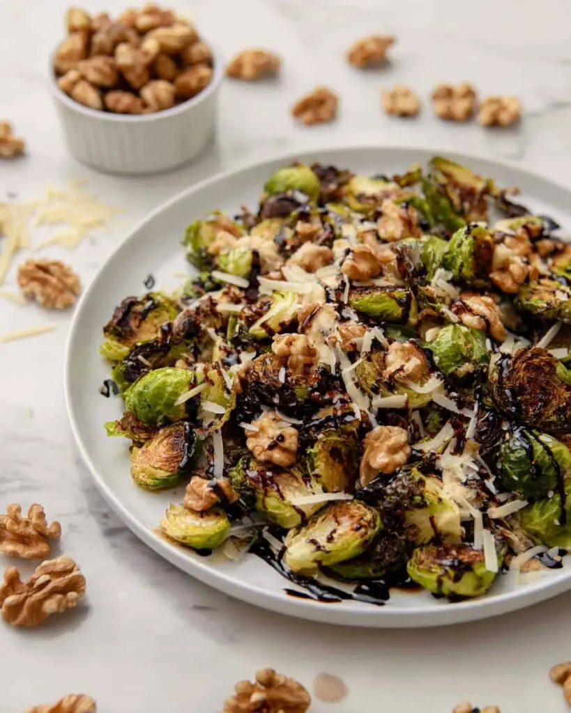 Air Fryer Brussels Sprouts with Balsamic Glaze, Parmesan, and Walnuts Recipe