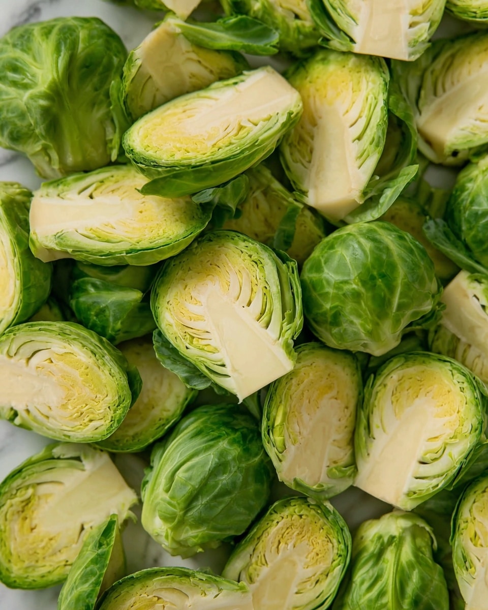 The image shows many fresh Brussels sprouts cut into halves and quarters. The outer layers are bright green with a smooth, leafy texture, while the inside layers are a pale yellowish-green, tightly packed and slightly fibrous. The pieces are arranged closely together, filling the frame with their natural, fresh colors. The photo is taken from above, giving a clear view of both the outer leaves and the inner layers of each piece. The surface beneath the sprouts is a white marbled texture. photo taken with an iphone --ar 4:5 --v 7