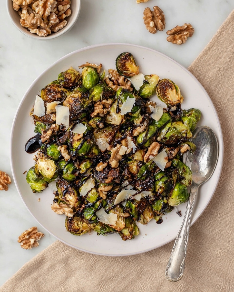 A white plate holds roasted Brussels sprouts, browned and slightly crispy, scattered with chunks of light brown walnuts and thin white shaved cheese. A dark balsamic glaze is drizzled over the top, adding shine and contrast. A silver spoon rests on the right edge of the plate, partially on the food. The background is a white marbled surface with a beige cloth on the top right corner and a small white bowl filled with additional walnuts in the top left. A silver fork is placed at the bottom right of the frame. Photo taken with an iphone --ar 4:5 --v 7