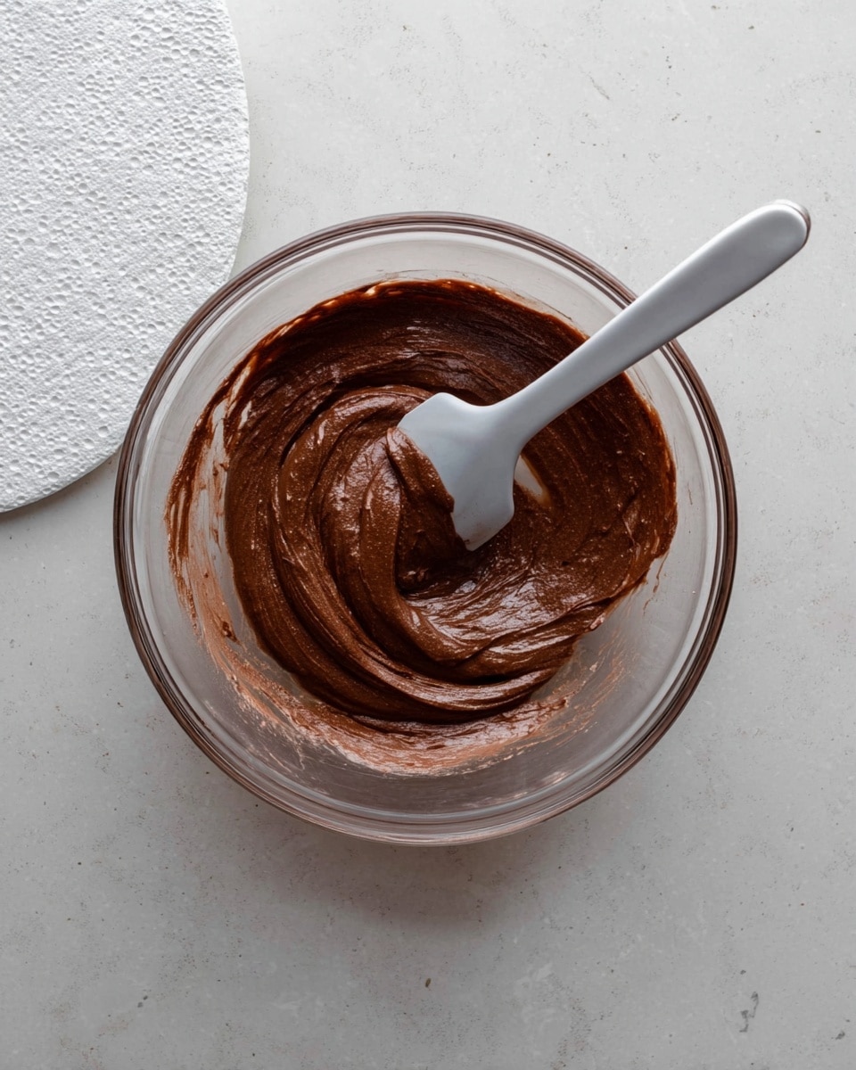 A clear glass bowl holds thick, smooth chocolate batter with a rich dark brown color. A white spatula rests inside the bowl, partially covered in the same chocolate batter. In the top left corner, part of a white marbled textured surface is visible. The whole scene is set on a white marbled textured background. photo taken with an iphone --ar 4:5 --v 7