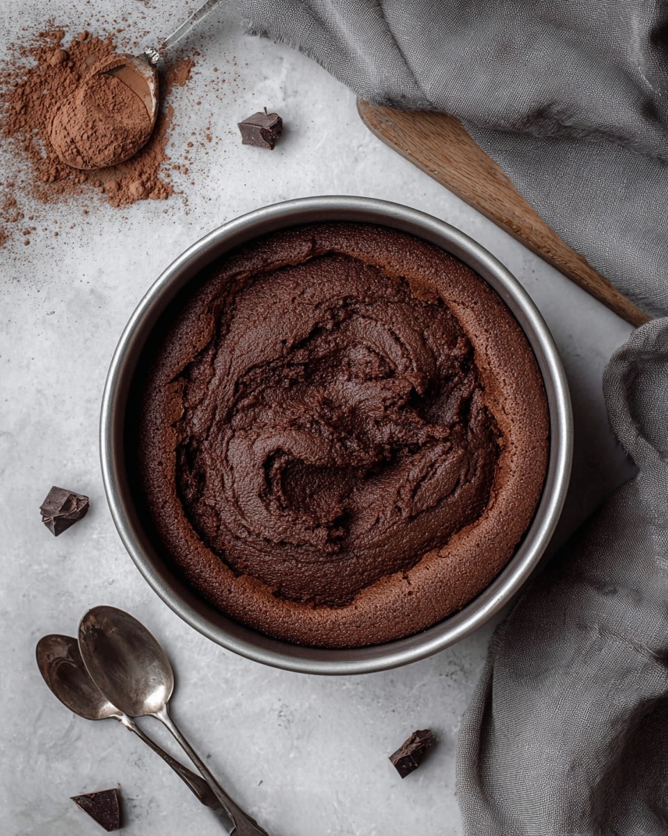 A round metal pan holds a single layer of dark brown chocolate cake with a slightly cracked and textured top, showing a moist and soft center. The cake's surface is uneven with gentle swirls and a crumbly outer edge. The pan sits on a white marbled textured surface, scattered with small dark chocolate chunks and two aged silver spoons nearby. A brown wooden cutting board with smooth edges is placed partially under the pan at the top right, while a gray cloth is softly draped on the left side. photo taken with an iphone --ar 4:5 --v 7