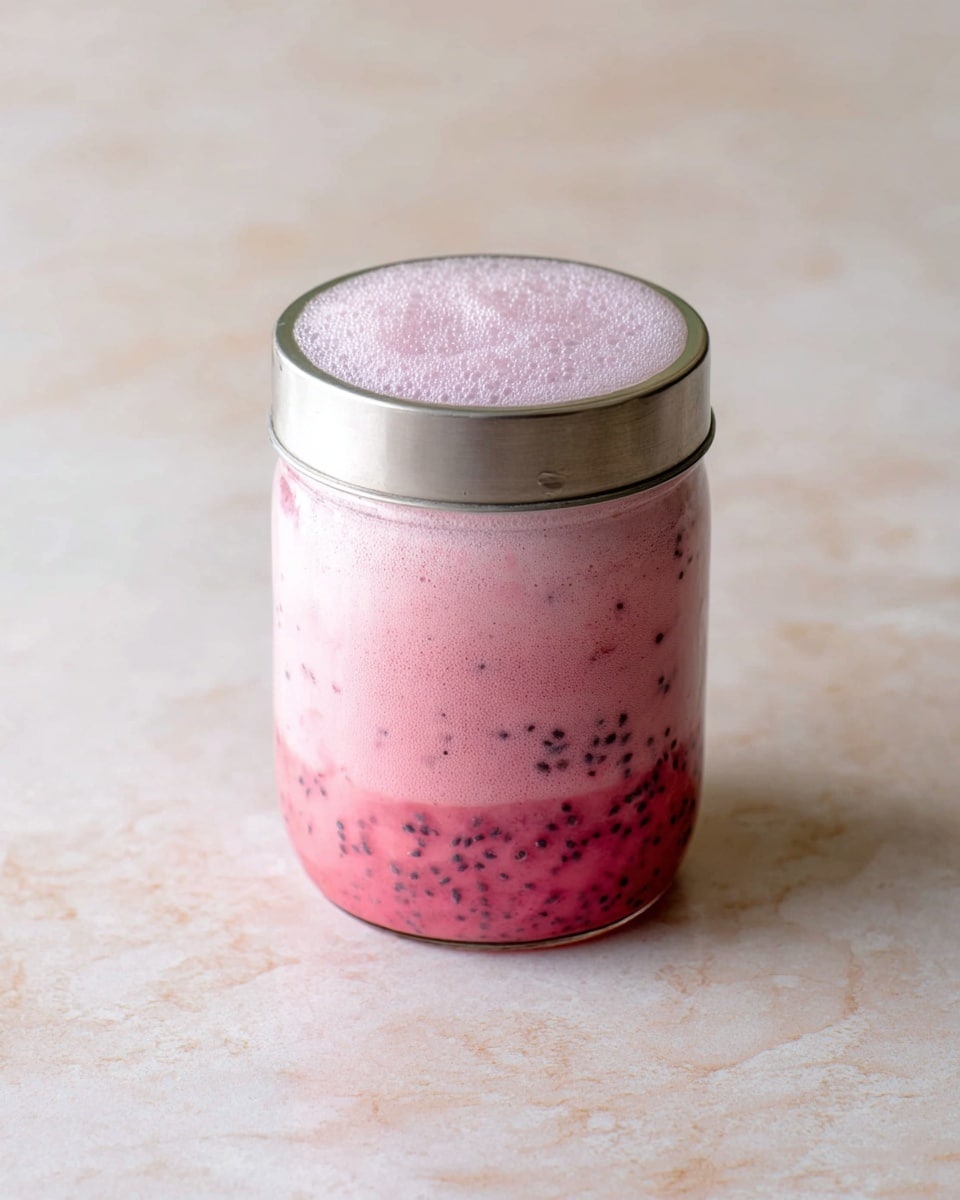 A clear glass jar with a silver metal lid shows a two-layer drink on a white marbled surface. The bottom layer is a pink mixture with many small black seeds spread evenly throughout, giving it a slightly textured look. The top layer is a frothy, lighter pink foam with bubbles resting on the pink seed-filled liquid. The jar is centered in the image with soft, natural light highlighting the drink’s colors and textures. photo taken with an iphone --ar 4:5 --v 7