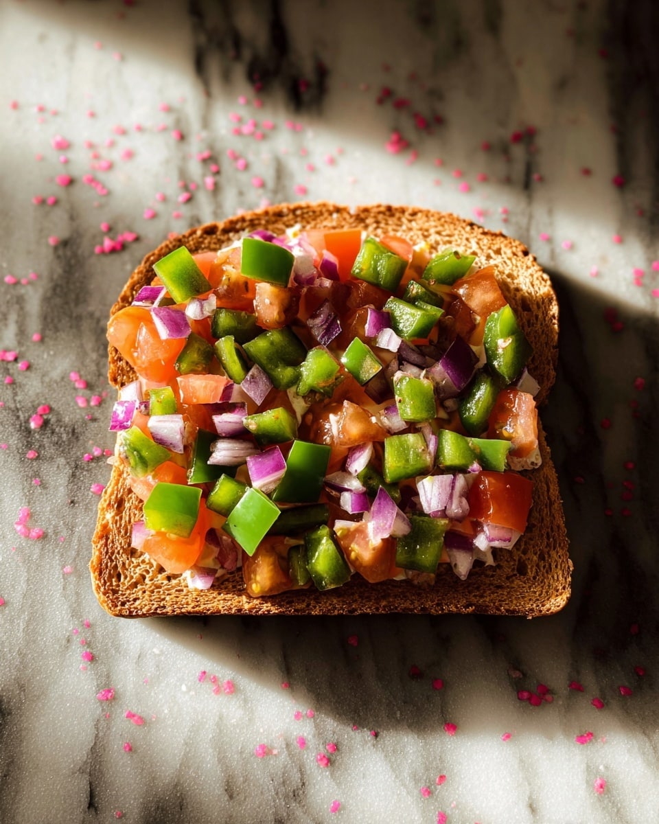 A single slice of toasted brown bread sits flat on a surface with white marble texture and scattered small pink dots beneath it. On top of the toast, there is a colorful layer of small diced vegetables, including green bell peppers, red tomatoes, and purple onions, spread evenly across the bread’s surface. Each vegetable piece is distinct, showing fresh and crisp textures with bright colors contrasting against the brown toast's rough, crunchy appearance. The photo is close up, focusing on the details of the toast and its vegetable topping, with soft lighting enhancing the vividness of the ingredients. photo taken with an iphone --ar 4:5 --v 7