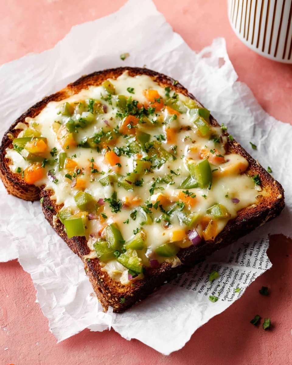 A single slice of toast with a crispy dark brown crust topped with melted white cheese covering evenly chopped green bell peppers and small orange vegetable bits, sprinkled with finely chopped green herbs. The toast is placed on torn white printed paper, set on a pink textured surface. A small part of a white dish with vertical brown lines is visible at the top right corner. Photo taken with an iphone --ar 4:5 --v 7