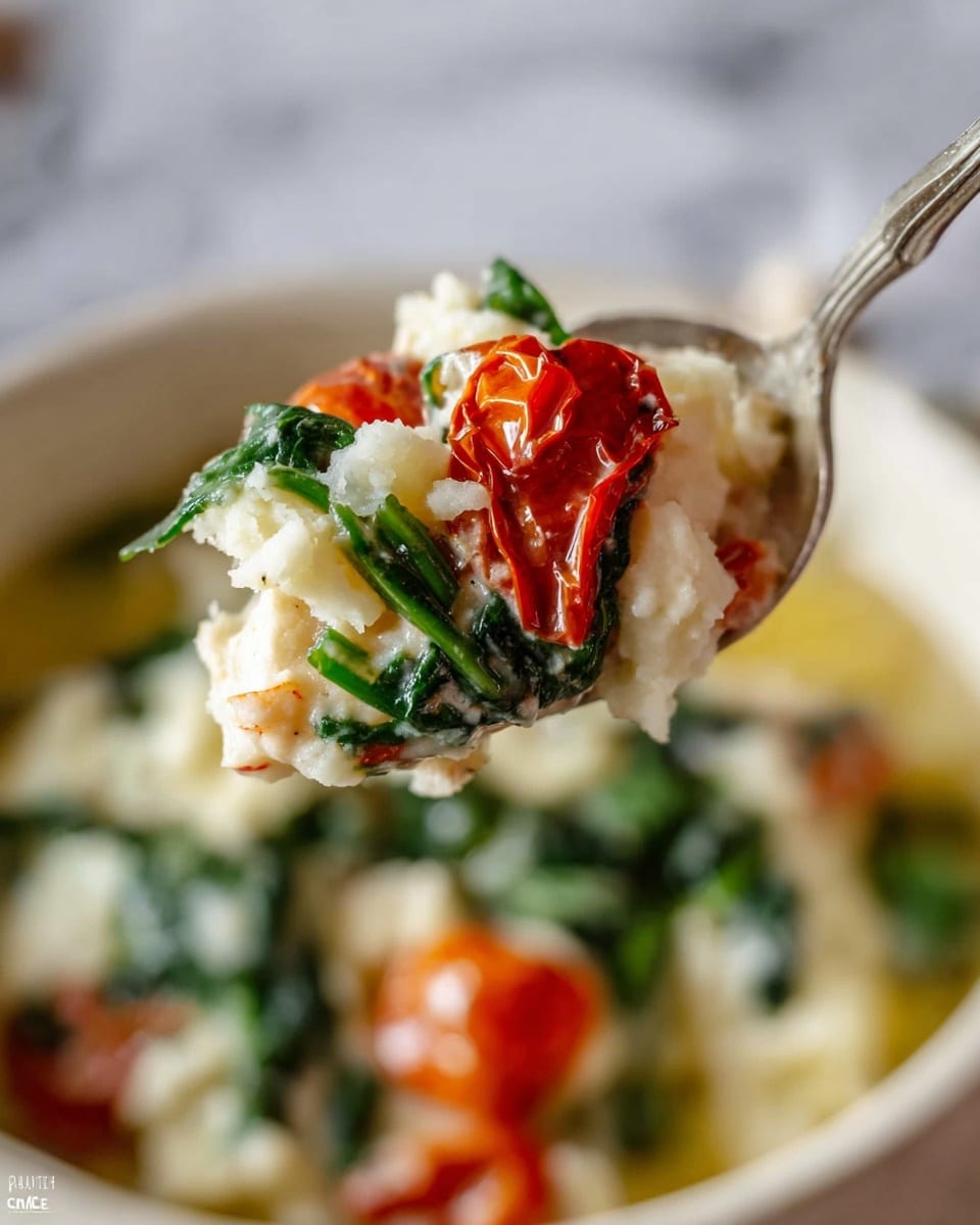 A close-up of a silver spoon holding three layers of food: the bottom layer is creamy white mashed potatoes with small lumps, the middle layer includes bright green spinach leaves with a glossy texture, and the top layer has small pieces of roasted red cherry tomatoes with a slightly wrinkled surface; the background shows a white bowl filled with the same dish on a white marbled surface, softly blurred. Photo taken with an iphone --ar 4:5 --v 7