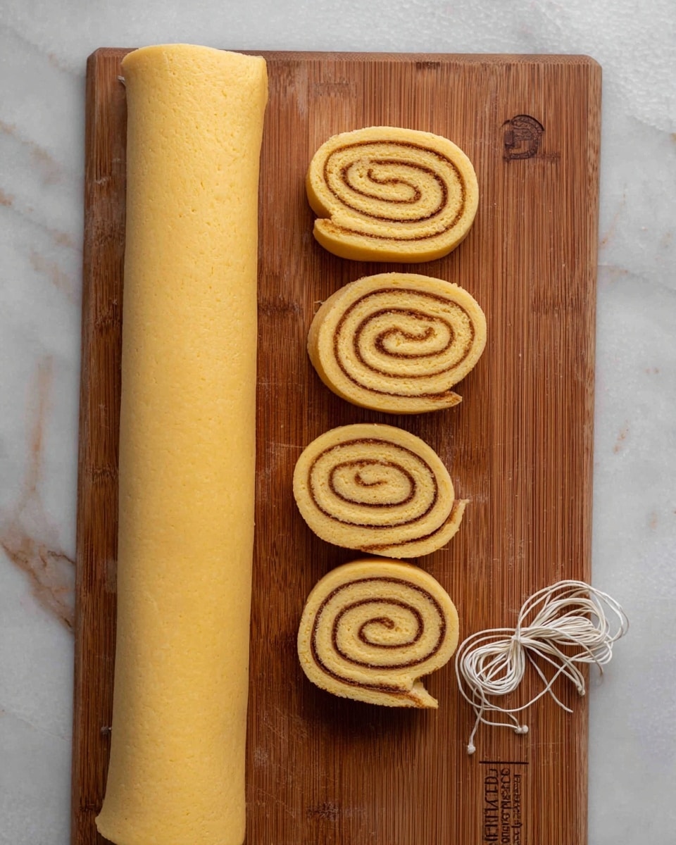 The image shows a wooden board on a white marbled surface, featuring a long rolled dough log on the left side with a smooth yellow exterior. To the right of the log, there are four neatly sliced dough spirals arranged vertically. Each spiral has layers of light yellow dough and a darker brown cinnamon-like filling creating clear concentric circles. A thin white string lies loosely beside the dough log. The board has some text branding on its upper right corner. Photo taken with an iphone --ar 4:5 --v 7